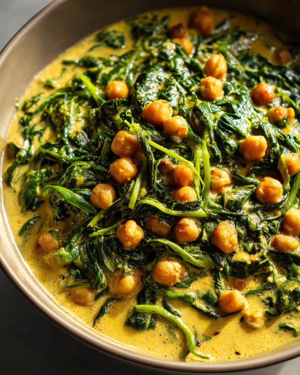 Close-up of Kichererbsen-Curry mit Spinat, showing chickpeas and spinach in a creamy curry sauce.