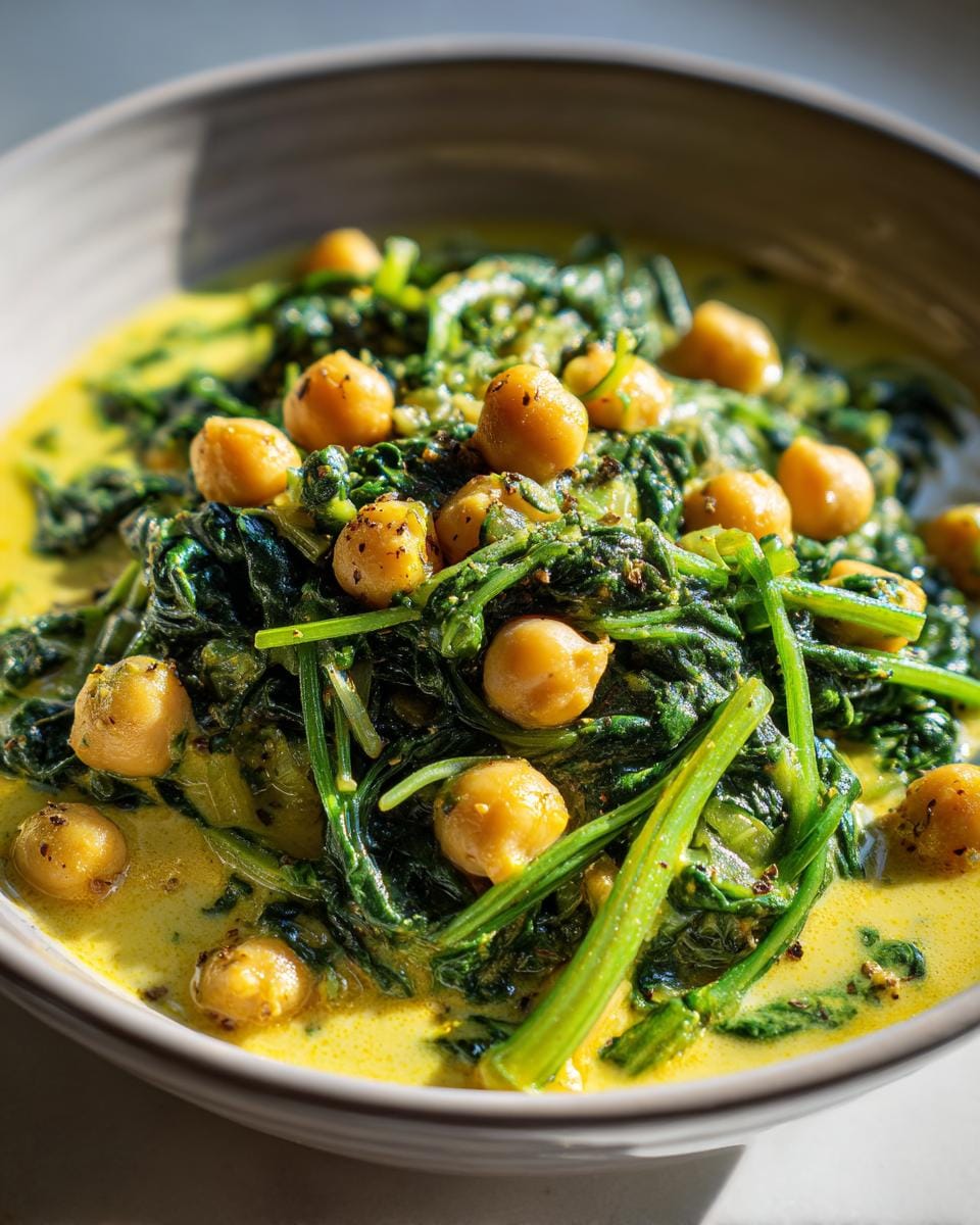 Nahaufnahme von Kichererbsen-Curry mit Spinat, serviert in einer Schüssel. Das Gericht ist reich an Aromen und Texturen.