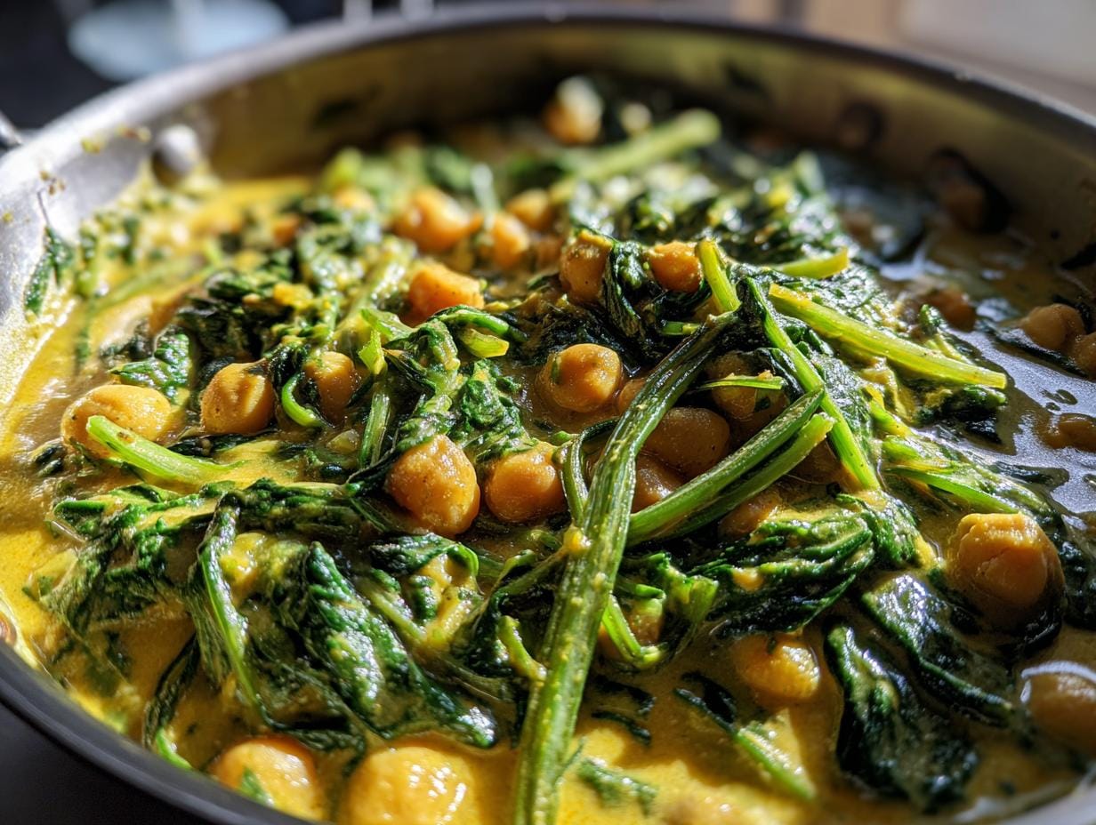 Nahaufnahme von Kichererbsen-Curry mit Spinat, serviert in einem Topf.
