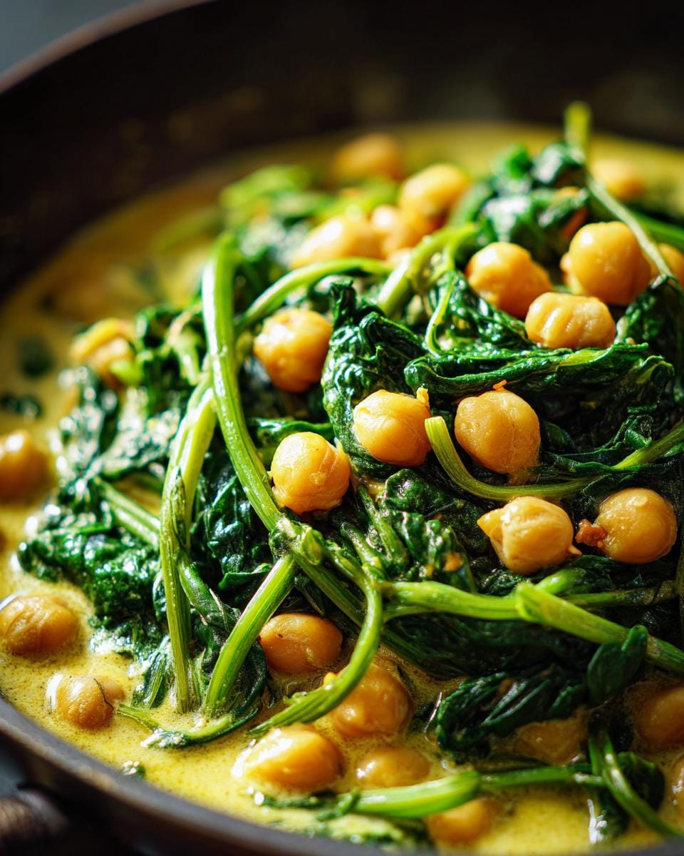 Close-up of Kichererbsen-Curry mit Spinat, showcasing chickpeas and spinach in a creamy curry sauce.