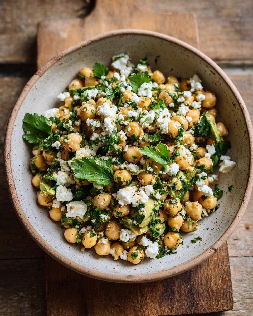 Close-up of Kichererbsen-Feta-Avocado-Salat in a bowl, garnished with parsley.
