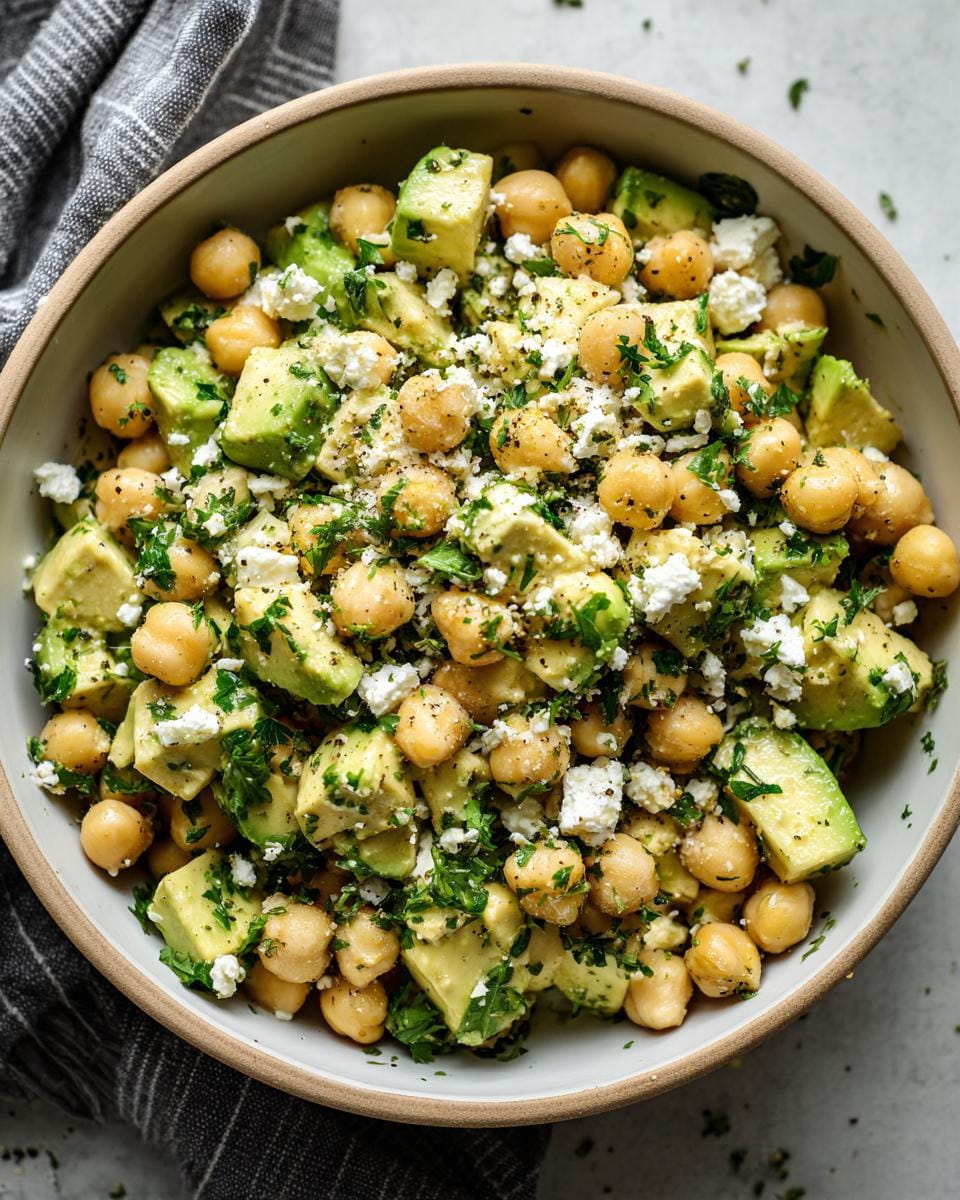 Overhead shot of Kichererbsen-Feta-Avocado-Salat in a bowl, garnished with herbs.