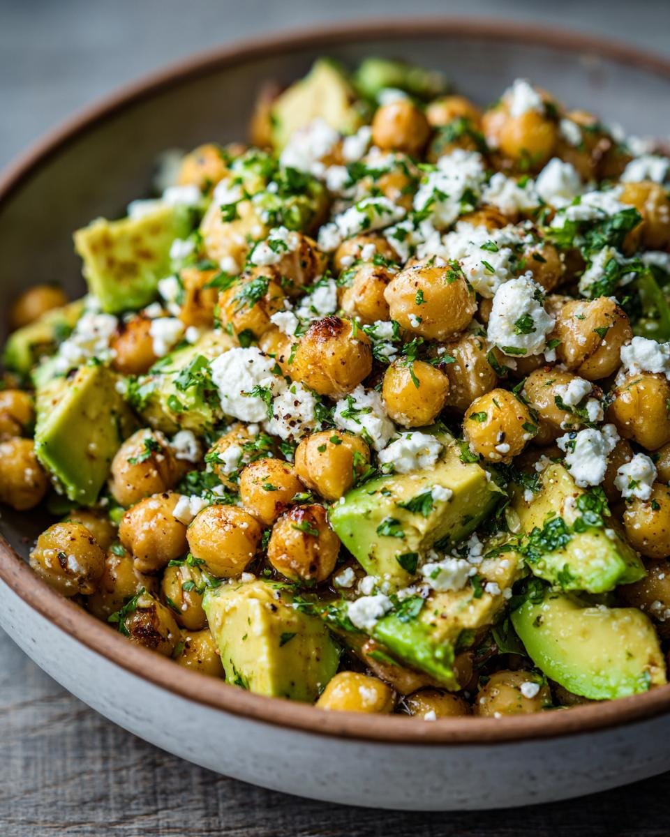 A bowl of Kichererbsen-Feta-Avocado-Salat, featuring chickpeas, feta cheese, and avocado.