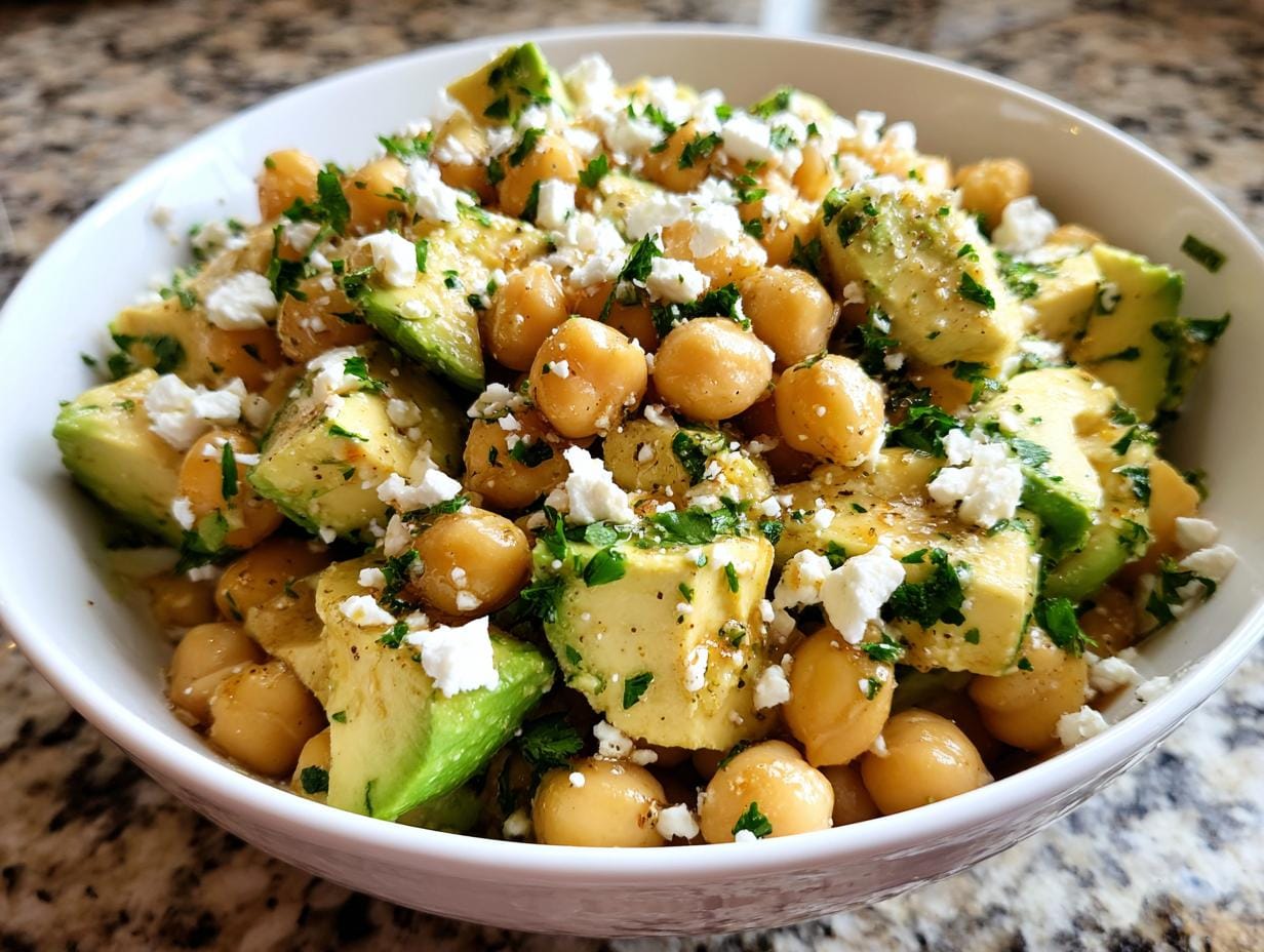 Nahaufnahme eines Kichererbsen-Feta-Avocado-Salat in einer weißen Schüssel, garniert mit Petersilie.