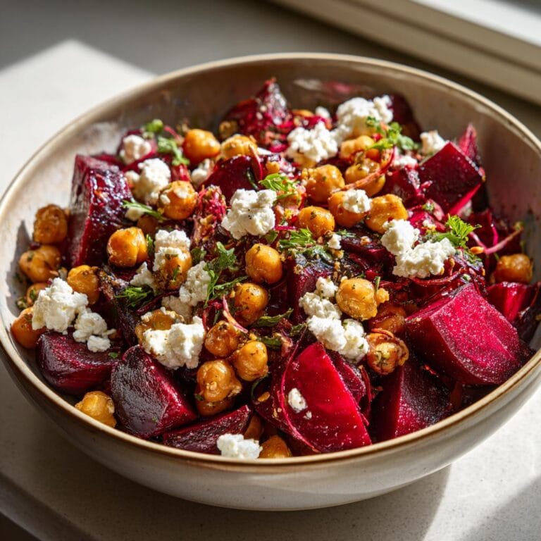 Close-up of Kichererbsen-Rote-Bete-Feta-Salat mit Zitronen-Knoblauch in a bowl, featuring chickpeas, beets, and feta.