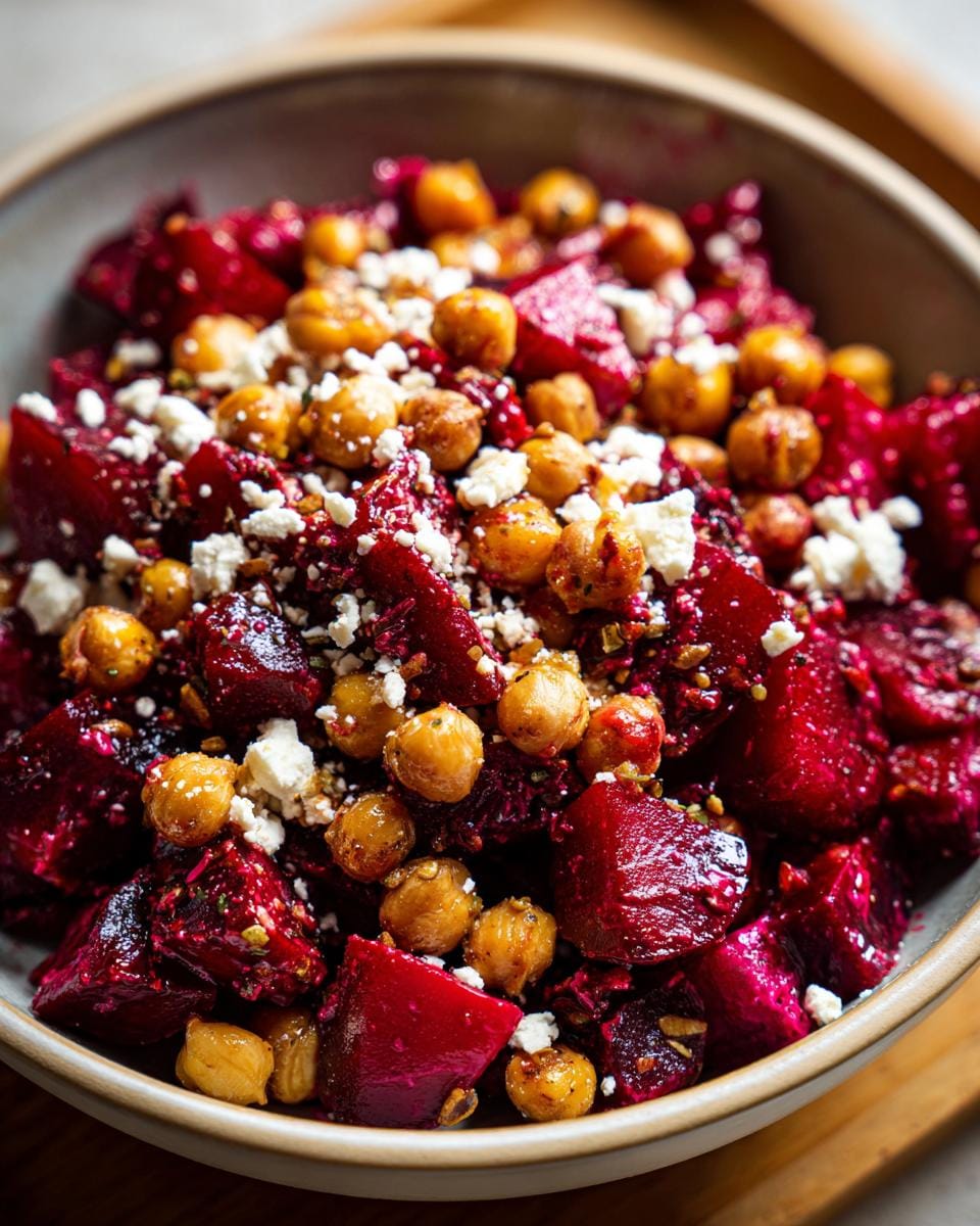 Close-up of Kichererbsen-Rote-Bete-Feta-Salat mit Zitronen-Knoblauch in a bowl, showing chickpeas, beets, and feta.