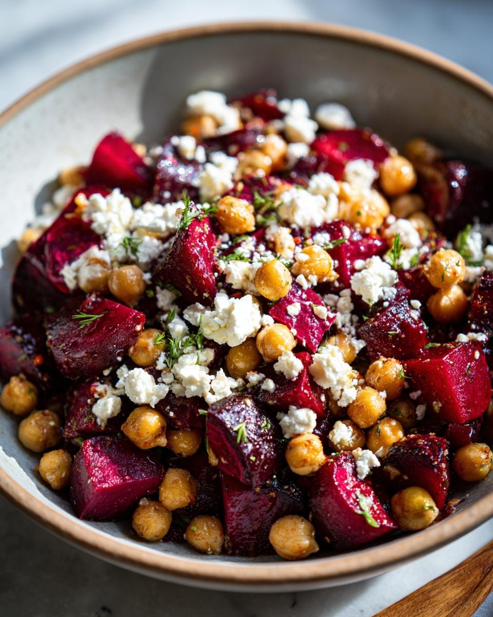 Close-up of Kichererbsen-Rote-Bete-Feta-Salat mit Zitronen-Knoblauch in a bowl. Beets, chickpeas, and feta are visible.