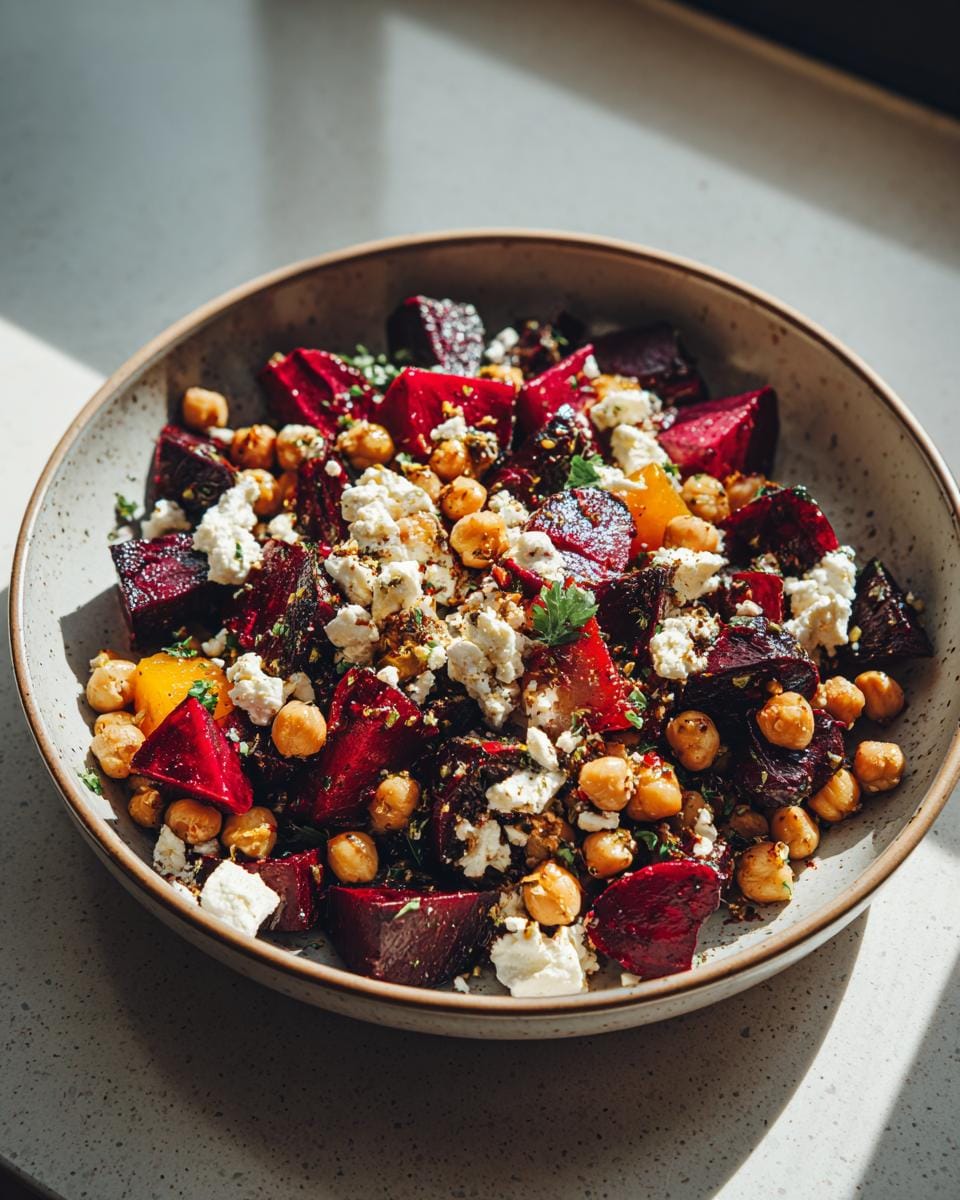 Bowl of Kichererbsen-Rote-Bete-Feta-Salat mit Zitronen-Knoblauch, featuring chickpeas, beets, and feta.
