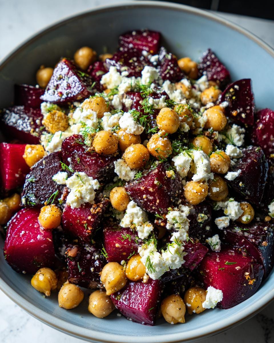 Close-up of Kichererbsen-Rote-Bete-Feta-Salat mit Zitronen-Knoblauch in a blue bowl. Beets, chickpeas, and feta are visible.