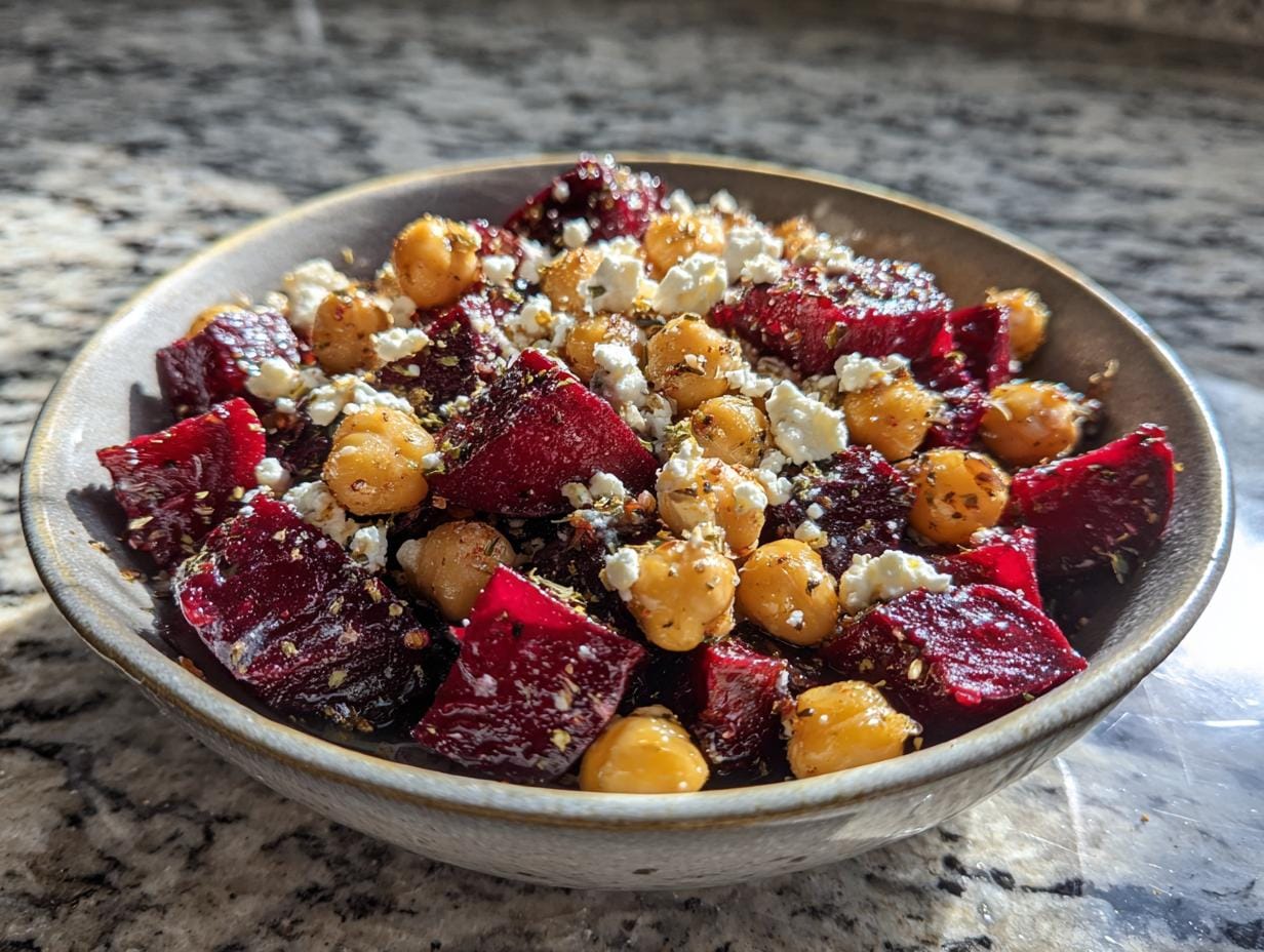 Close-up of Kichererbsen-Rote-Bete-Feta-Salat mit Zitronen-Knoblauch in a bowl, featuring beets, chickpeas, and feta.