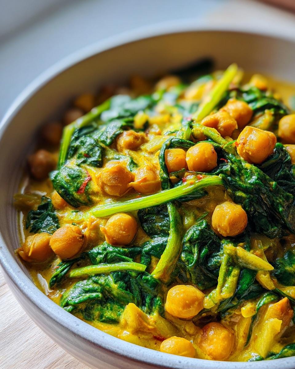 Nahaufnahme von Kichererbsen-Spinat-Curry in einer Schüssel. Das Kichererbsen-Spinat-Curry ist ein leckeres Gericht.