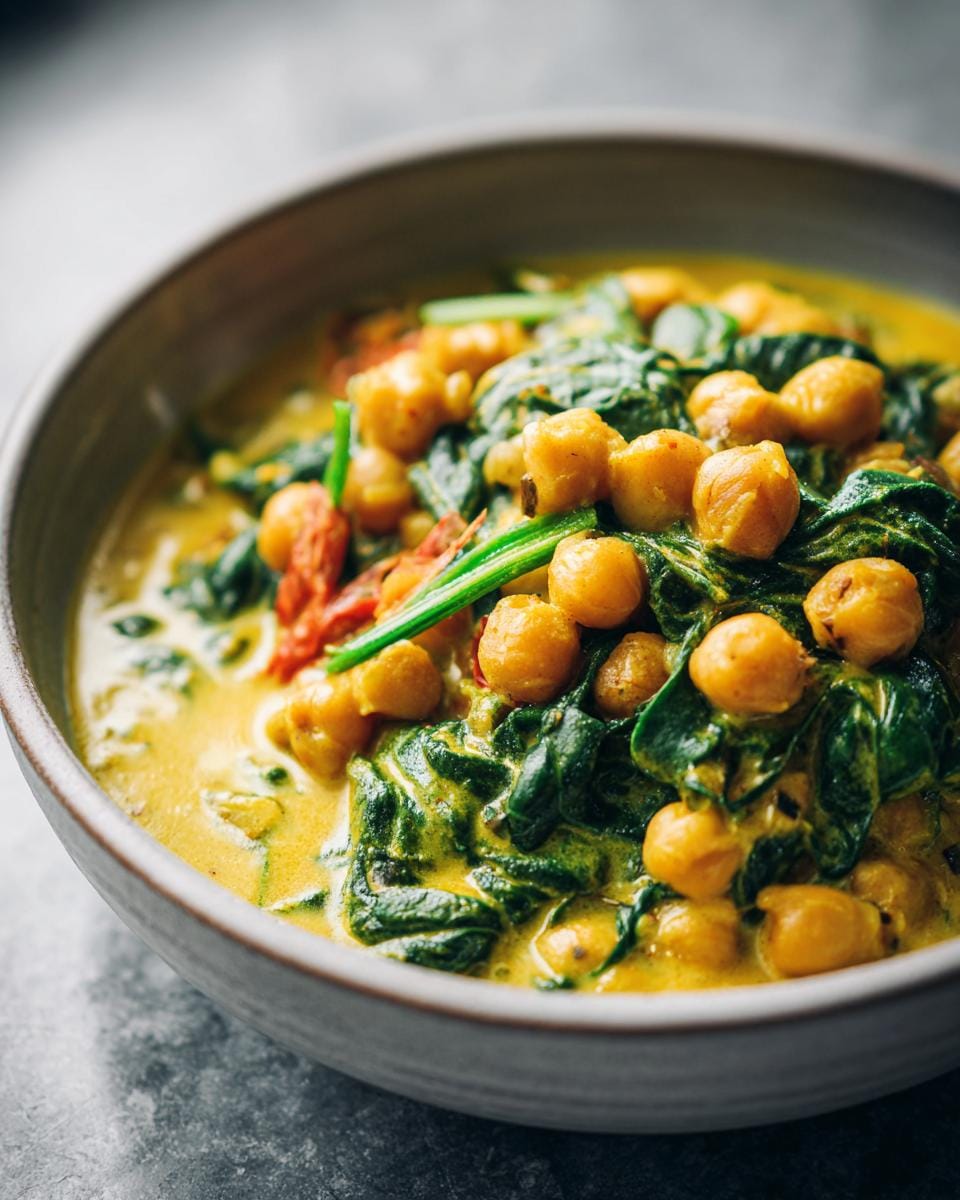 Nahaufnahme von Kichererbsen-Spinat-Curry in einer Schüssel, mit Kichererbsen, Spinat und Curry-Sauce.