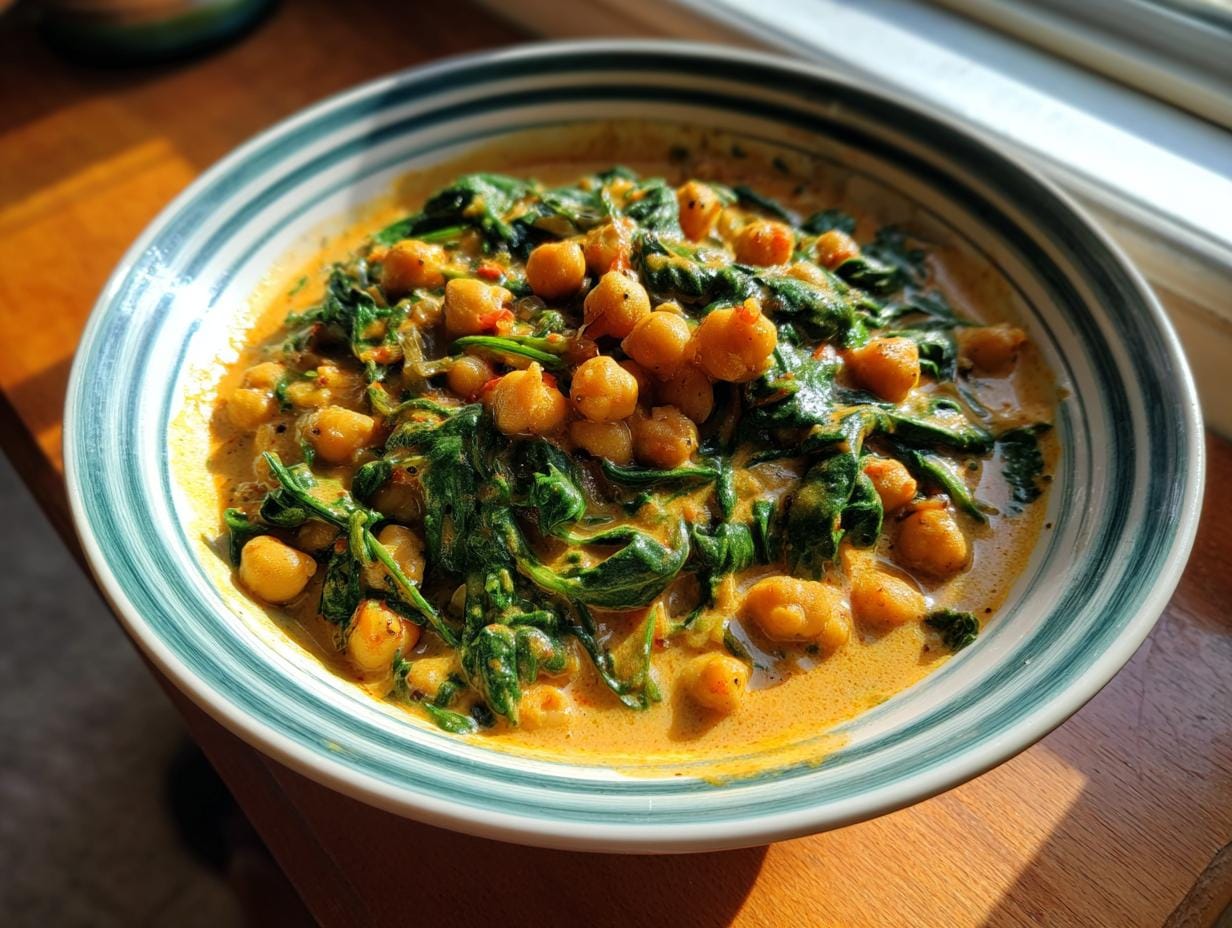 Nahaufnahme eines Schüssel mit Kichererbsen-Spinat-Curry, serviert mit frischem Spinat und Kichererbsen.