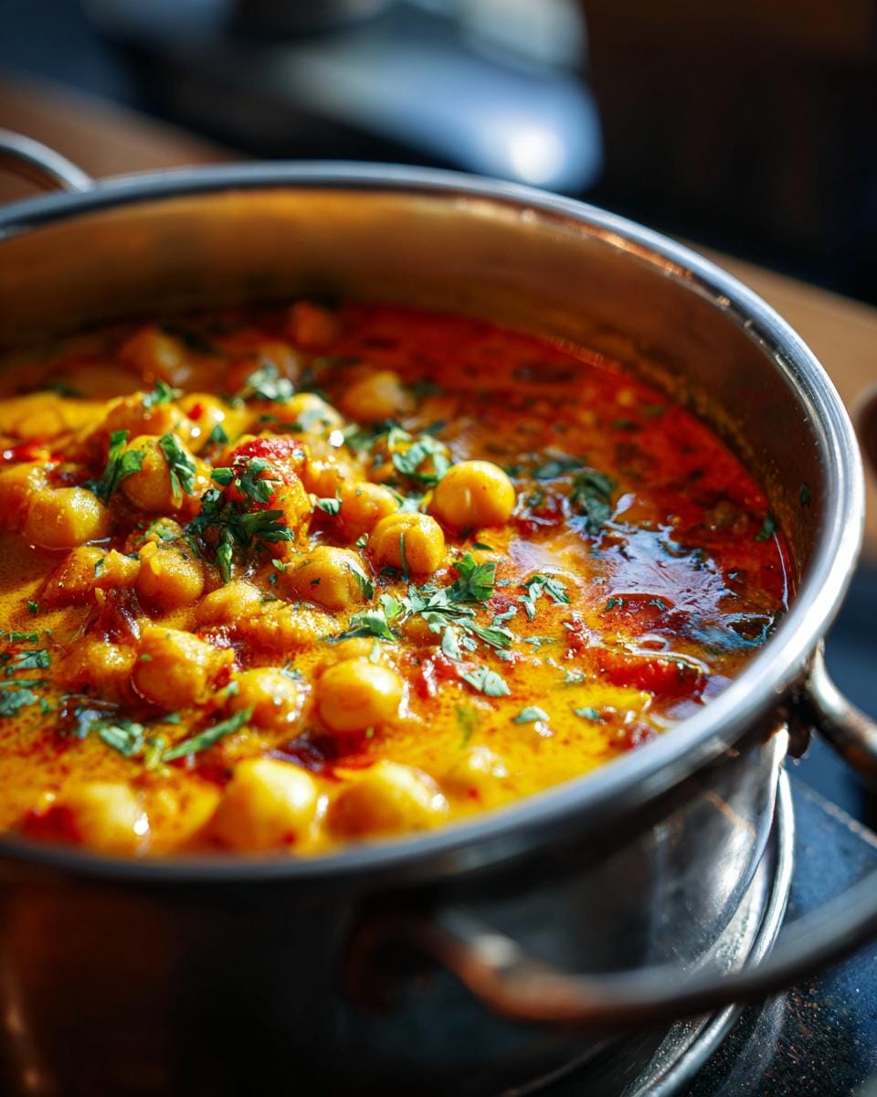 Nahaufnahme eines Topfes mit dampfendem Kichererbsen-Spinat-Curry, garniert mit frischen Kräutern.