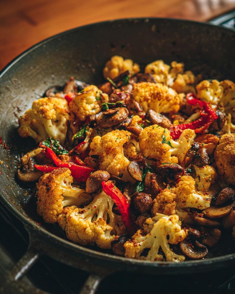 Nahaufnahme einer Knoblauch-Blumenkohl-Pilz-Pfanne mit Paprika in einer dunklen Pfanne.