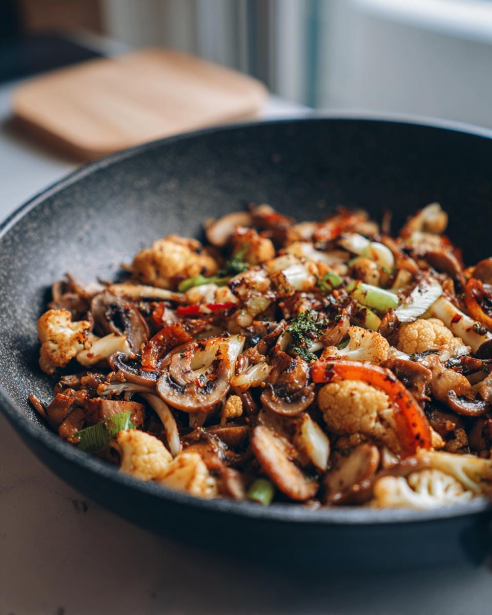 Nahaufnahme einer Knoblauch-Blumenkohl-Pilz-Pfanne in einer schwarzen Pfanne.