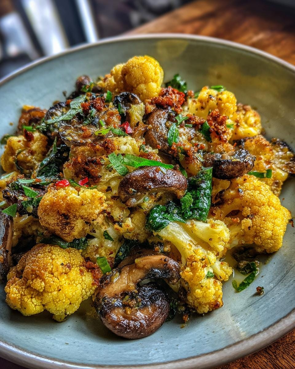 Close-up of Knoblauch-Blumenkohl-Pilz-Pfanne featuring cauliflower, mushrooms, and garlic.