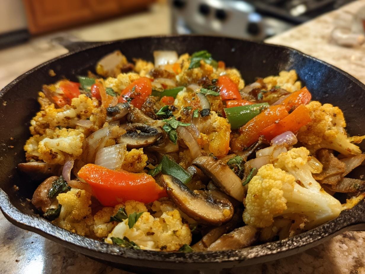 Close-up of Knoblauch-Blumenkohl-Pilz-Pfanne, a German garlic cauliflower mushroom pan dish with peppers and onions.