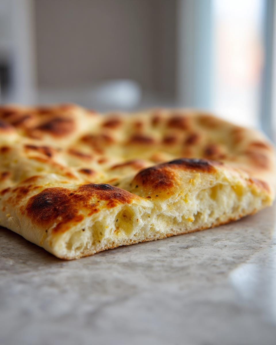 Detailed close-up of Knoblauch-Hüttenkäse-Naan, showing the texture and golden-brown crust.