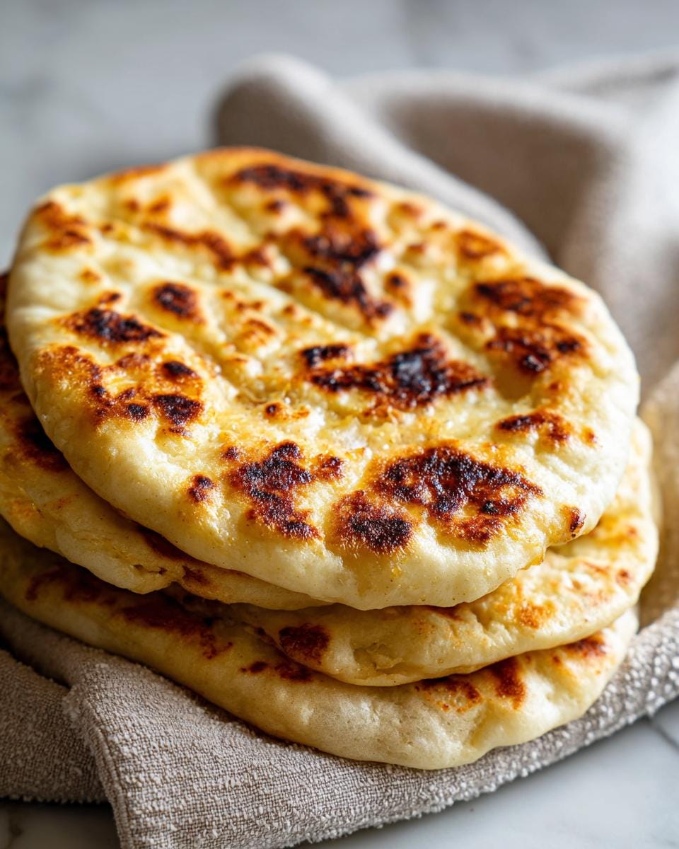 Stack of freshly baked Knoblauch-Hüttenkäse-Naan bread on a linen cloth. Golden brown and slightly charred.