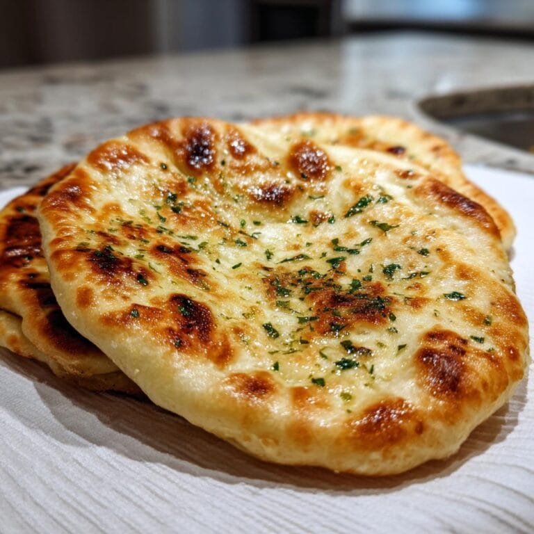Close-up of freshly baked Knoblauch-Hüttenkäse-Naan, topped with herbs.