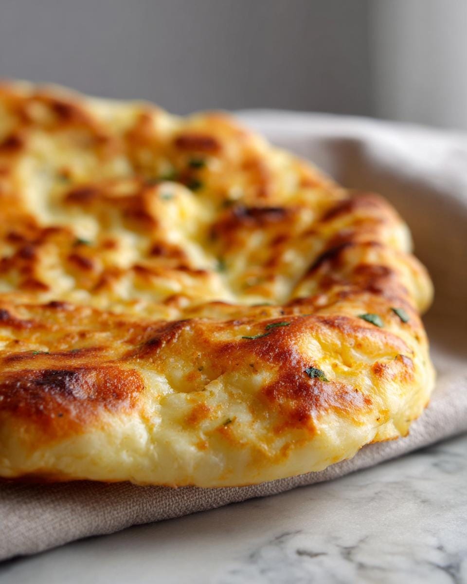 Close-up of golden Knoblauch-Hüttenkäse-Naan flatbread with herbs on a cloth.