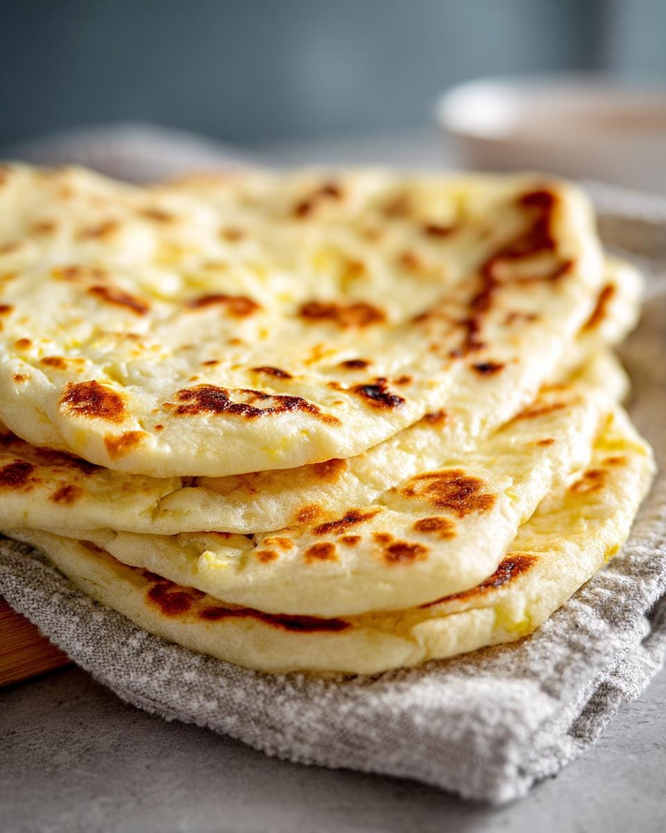Stack of freshly baked Knoblauch-Hüttenkäse-Naan bread on a gray cloth, showing golden-brown spots.