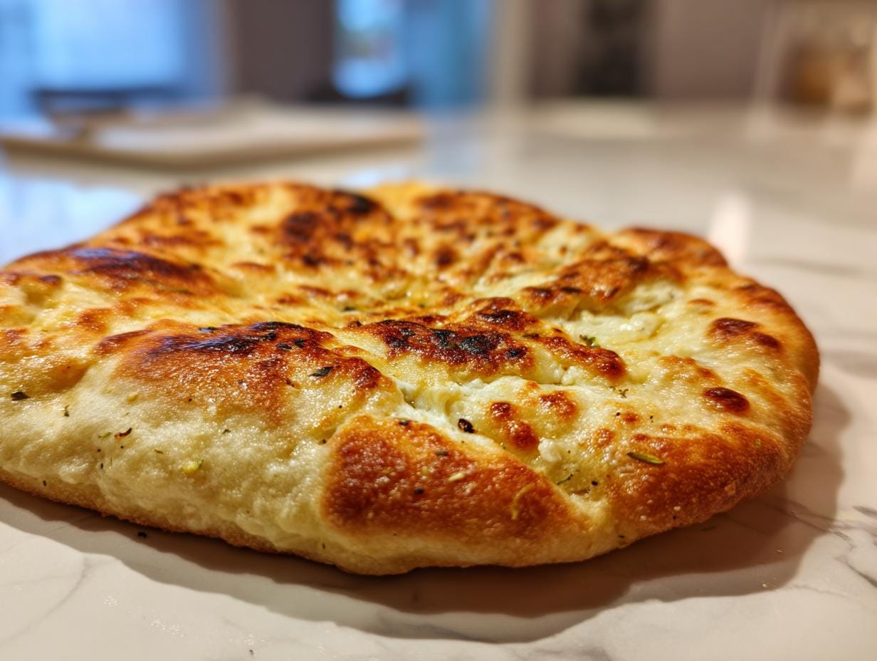 Close-up of freshly baked Knoblauch-Hüttenkäse-Naan on a marble surface, showing golden crust and cheese.
