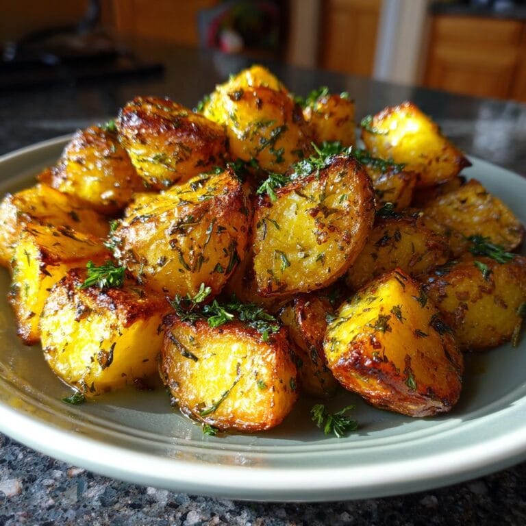 Delicious Knoblauch-Kräuter Ofenkartoffeln (garlic-herb roasted potatoes) on a plate, garnished with fresh herbs.