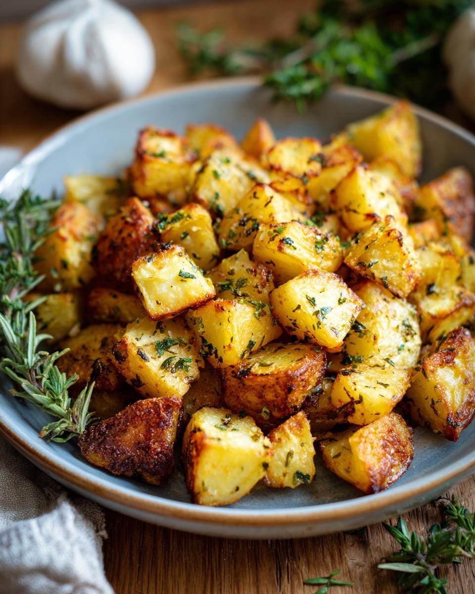 Golden Knoblauch-Kräuter Ofenkartoffeln (garlic-herb roasted potatoes) served on a blue plate, garnished with fresh herbs.