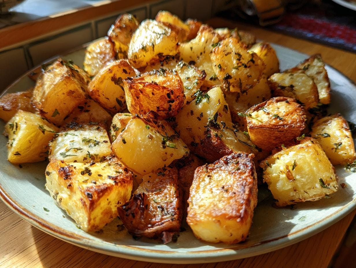 Golden Knoblauch-Kräuter Ofenkartoffeln (garlic-herb baked potatoes) served on a plate, seasoned with herbs.