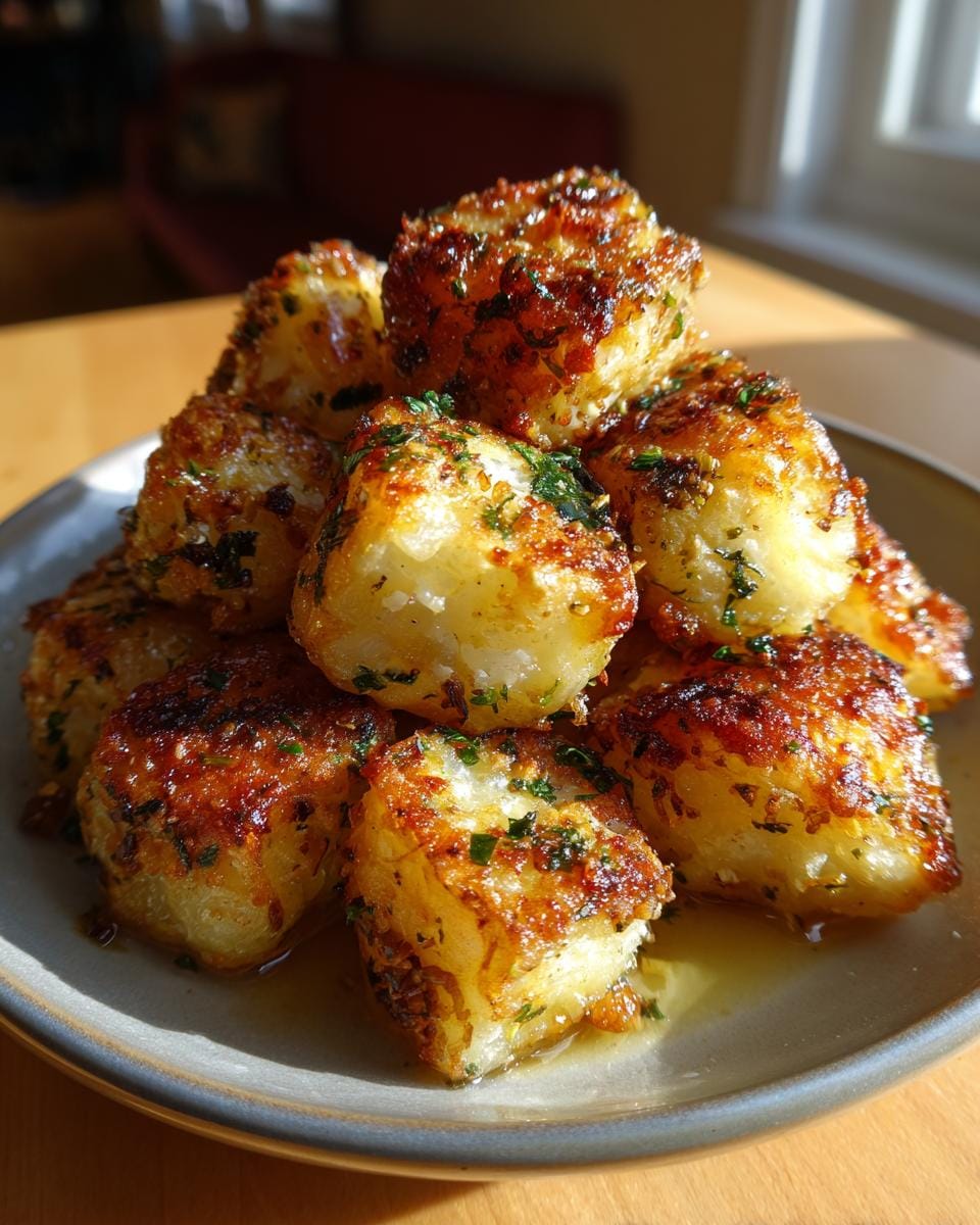 A stack of golden Knoblauch-Kräuter Ofenkartoffeln (garlic herb roasted potatoes) on a plate, glistening with oil and herbs.