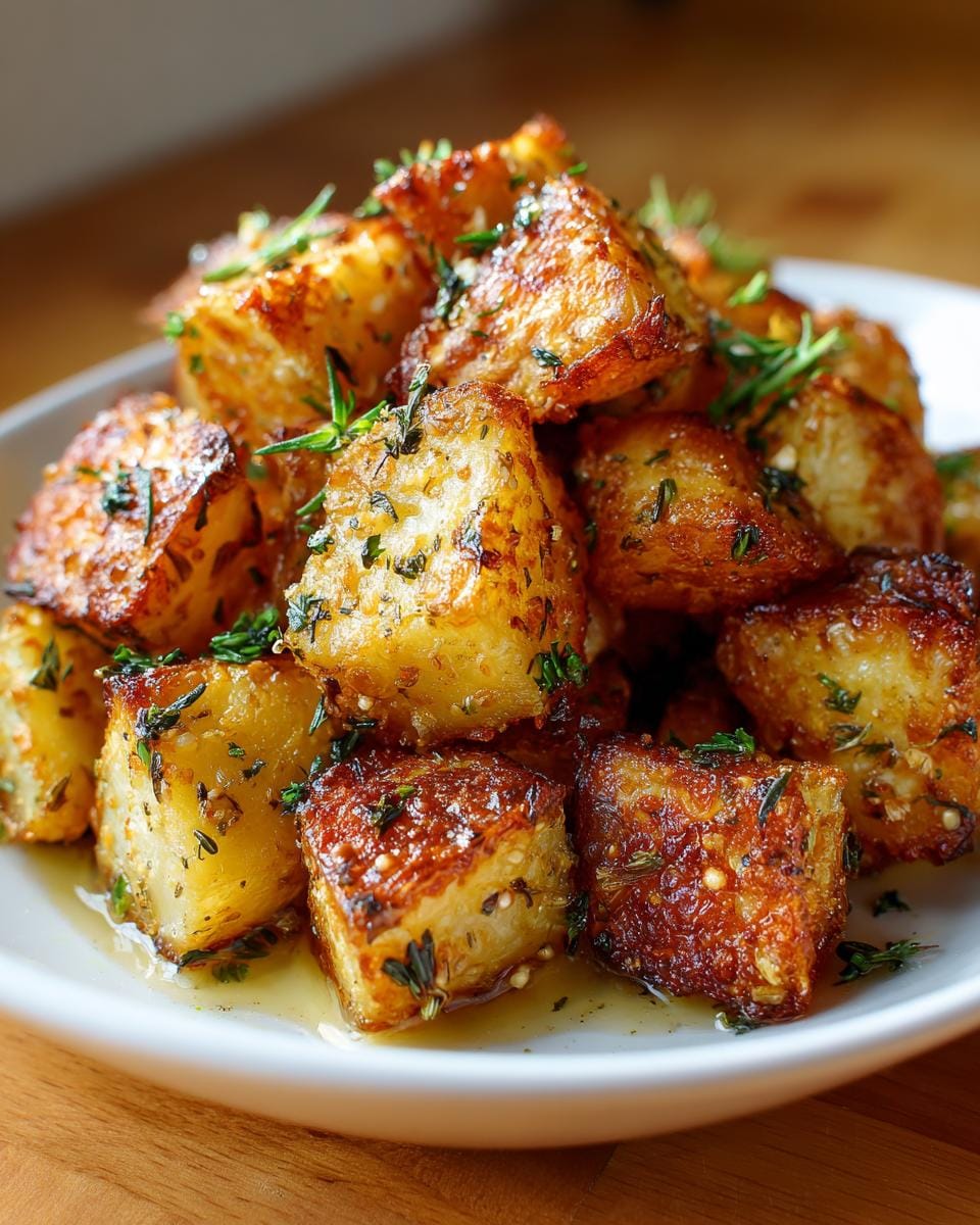 Close-up of golden Knoblauch-Kräuter Ofenkartoffeln (garlic-herb roasted potatoes) on a white plate.