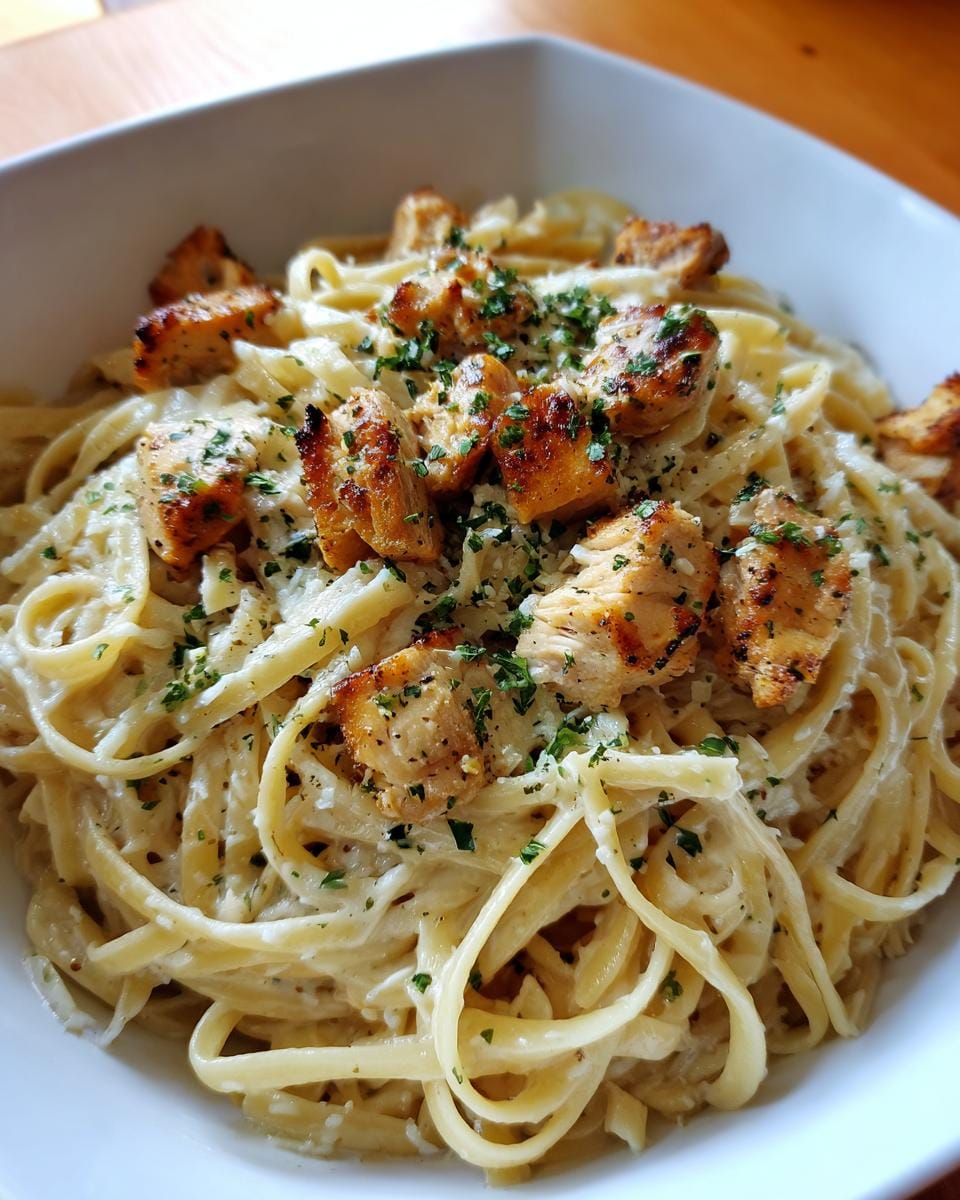 Nahaufnahme von Knoblauch-Parmesan-Hähnchen-Pasta, serviert in einer weißen Schüssel, garniert mit Petersilie.