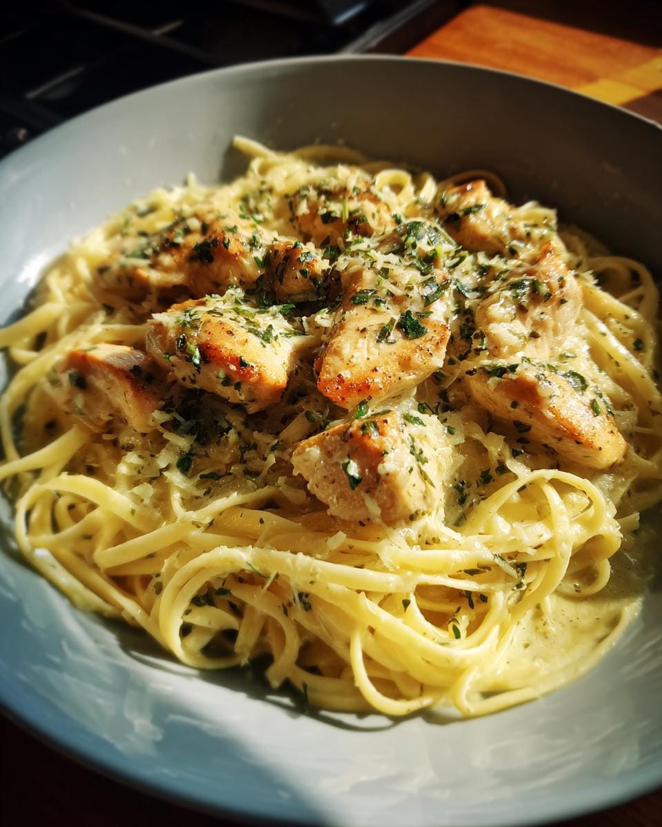 Nahaufnahme von Knoblauch-Parmesan-Hähnchen-Pasta in einer Schüssel, garniert mit Kräutern und Parmesan.