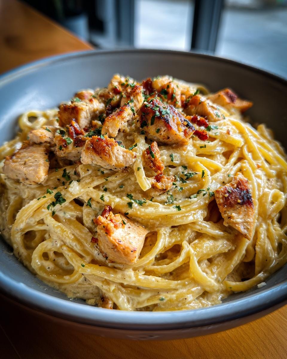 Bowl of creamy Knoblauch-Parmesan-Hähnchen-Pasta topped with grilled chicken and parsley.
