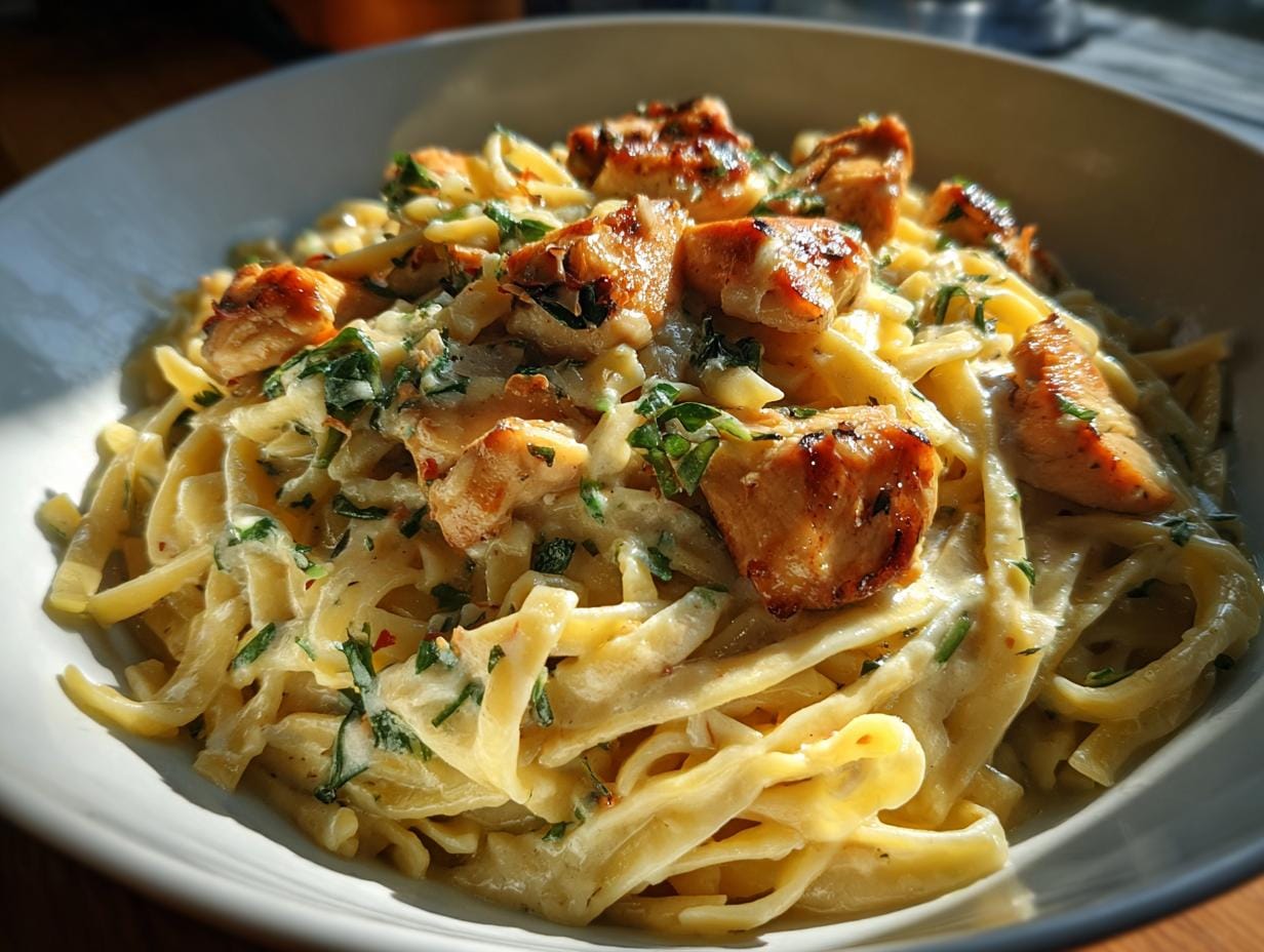 Nahaufnahme von Knoblauch-Parmesan-Hähnchen-Pasta in einer weißen Schüssel, garniert mit frischen Kräutern.