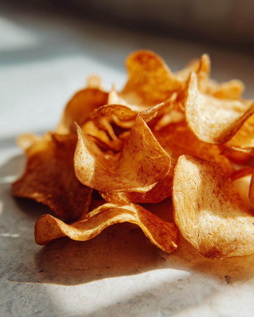 Close-up of a pile of golden Knusprige Hüttenkäse-Chips, showing their crispy texture and golden color.