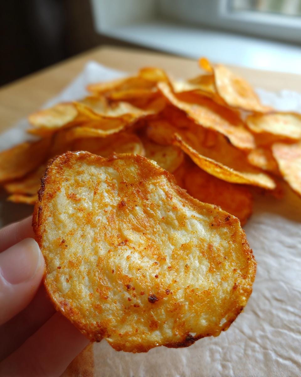 Nahaufnahme einer knusprigen Hüttenkäse-Chips, die in der Hand gehalten wird, mit einem Stapel weiterer Chips im Hintergrund.