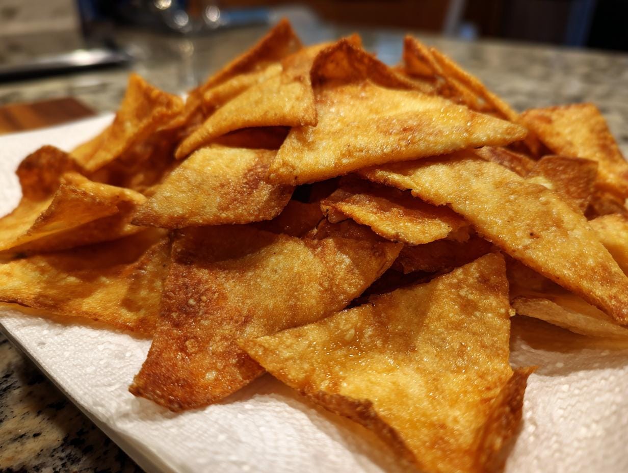 Pile of golden brown Knusprige Hüttenkäse-Chips on a white paper towel.