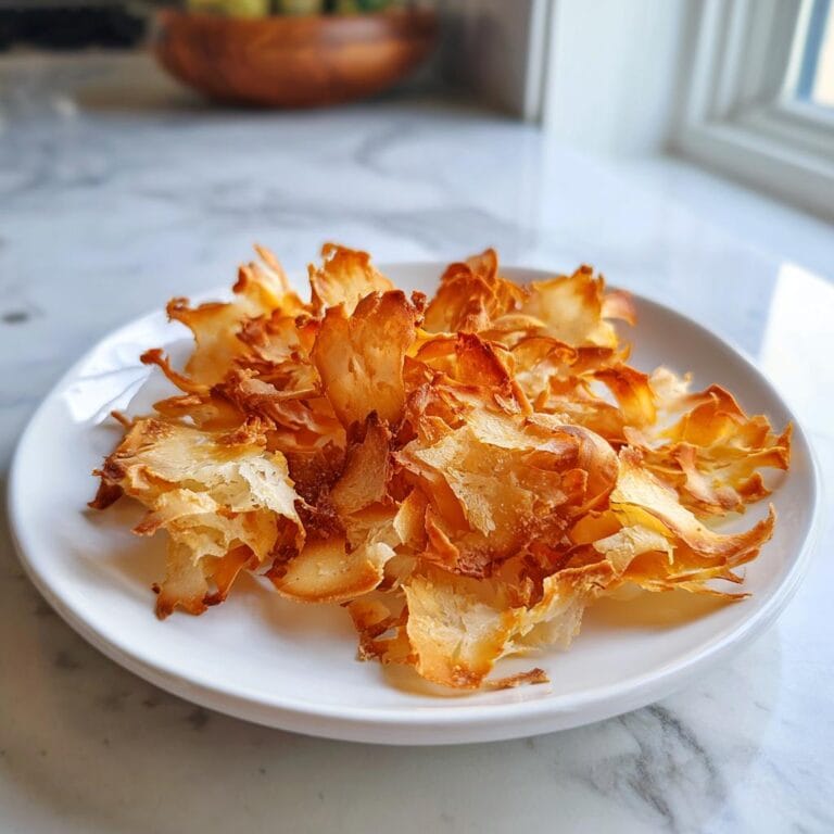 Nahaufnahme von gerösteten Kokoschips (Kokoschips geröstet) auf einem weißen Teller, bereit zum Servieren.