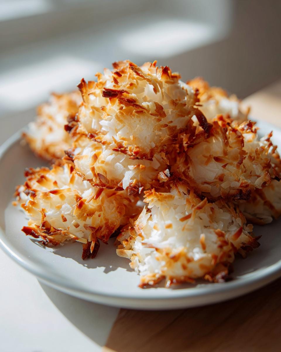 Nahaufnahme von gerösteten Kokoschips auf einem Teller. Perfekt als Snack: Kokoschips geröstet.