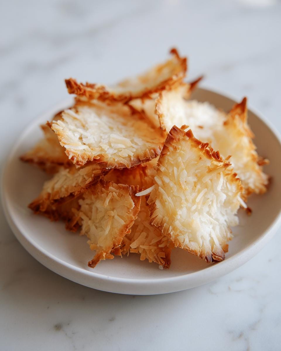 Nahaufnahme von gerösteten Kokoschips auf einem kleinen Teller, bereit zum Snacken.