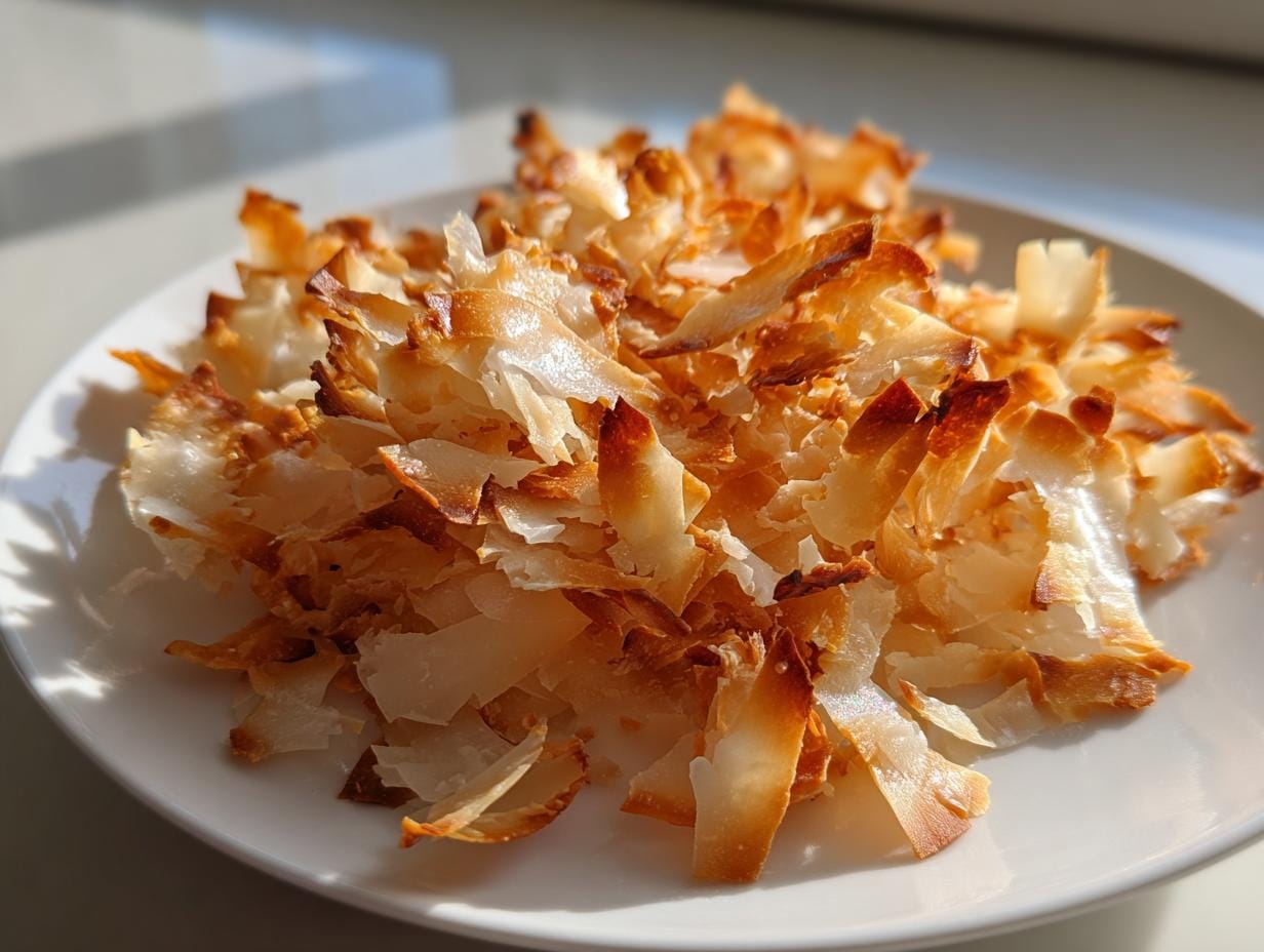 Nahaufnahme von gerösteten Kokoschips auf einem weißen Teller. Perfekt als Snack: Kokoschips geröstet.