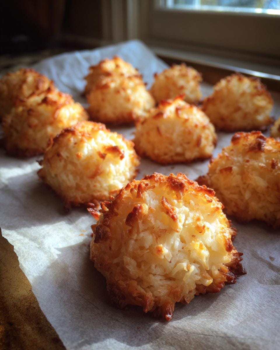 Freshly baked Kokosmakronen Low Carb on parchment paper, showing their golden-brown color and shredded coconut texture.