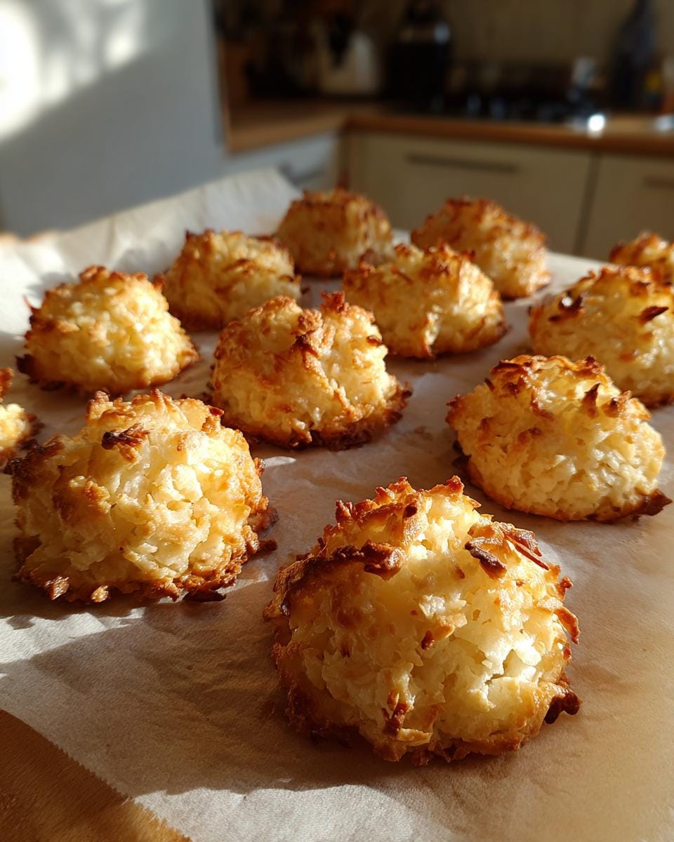 Close-up of several golden Kokosmakronen Low Carb cookies on a baking sheet, ready to eat.