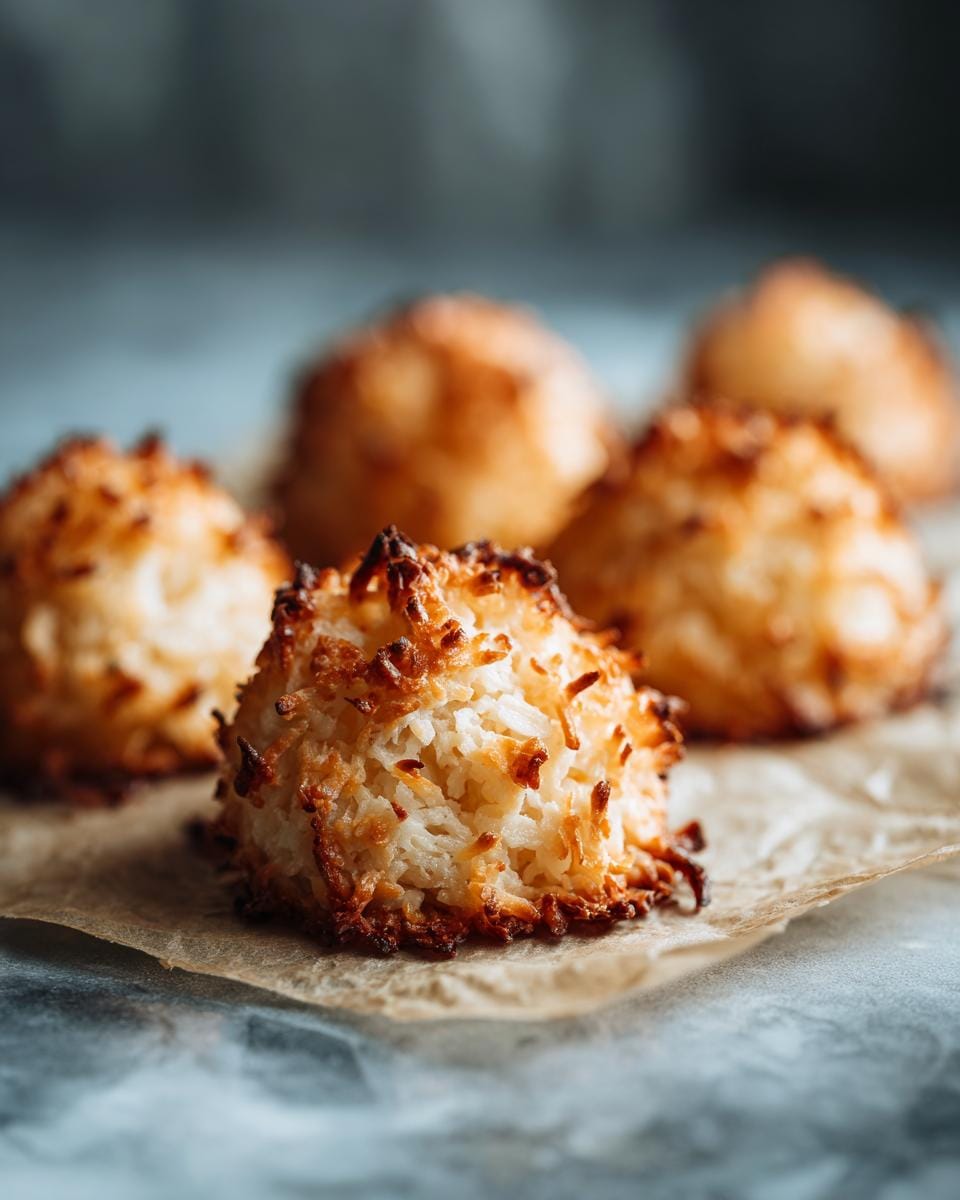 Close-up of homemade Kokosmakronen Low Carb cookies on parchment paper, golden brown and toasted.
