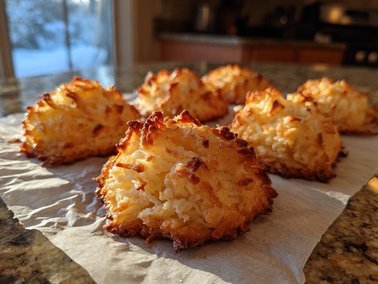 Several golden brown Kokosmakronen Low Carb cookies on parchment paper, ready to eat.
