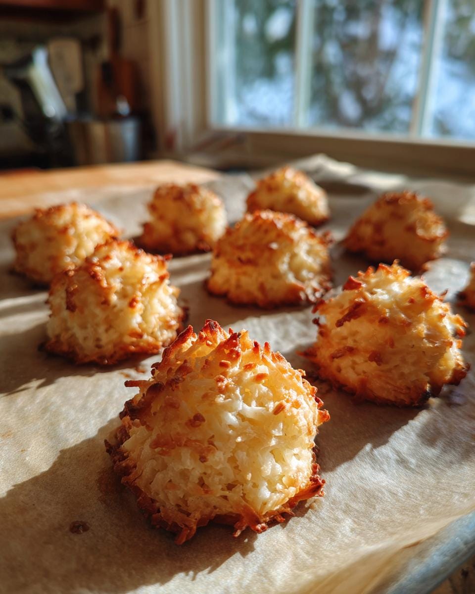 Close-up of homemade Kokosmakronen Low Carb on baking paper, golden brown and delicious.