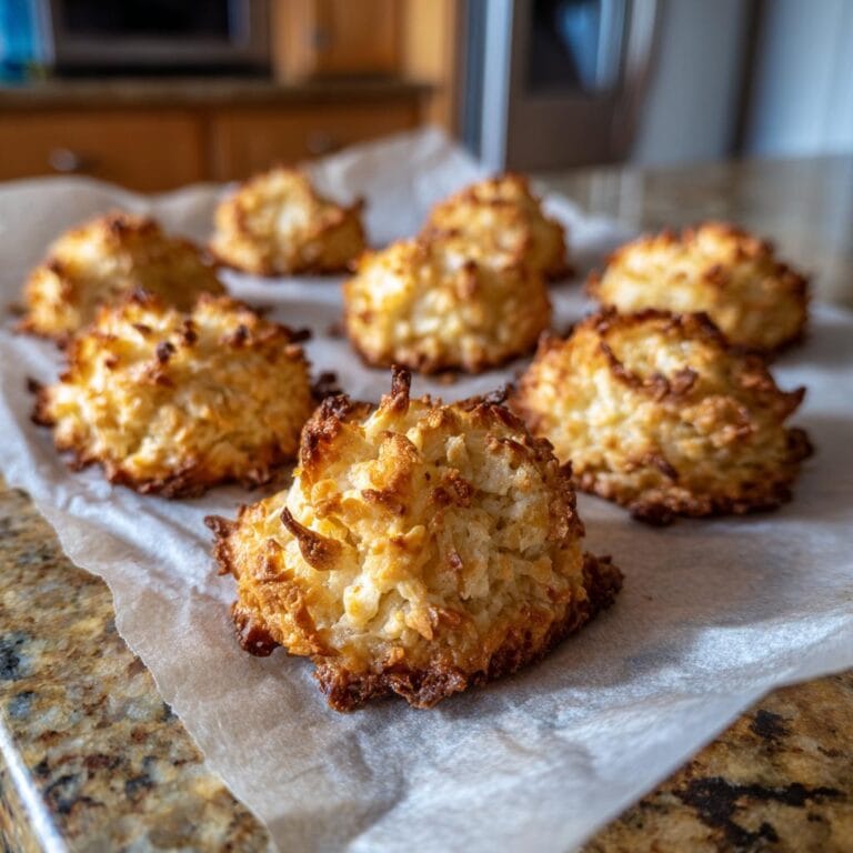 Close-up of homemade Kokosmakronen Low Carb on parchment paper, golden brown and delicious.